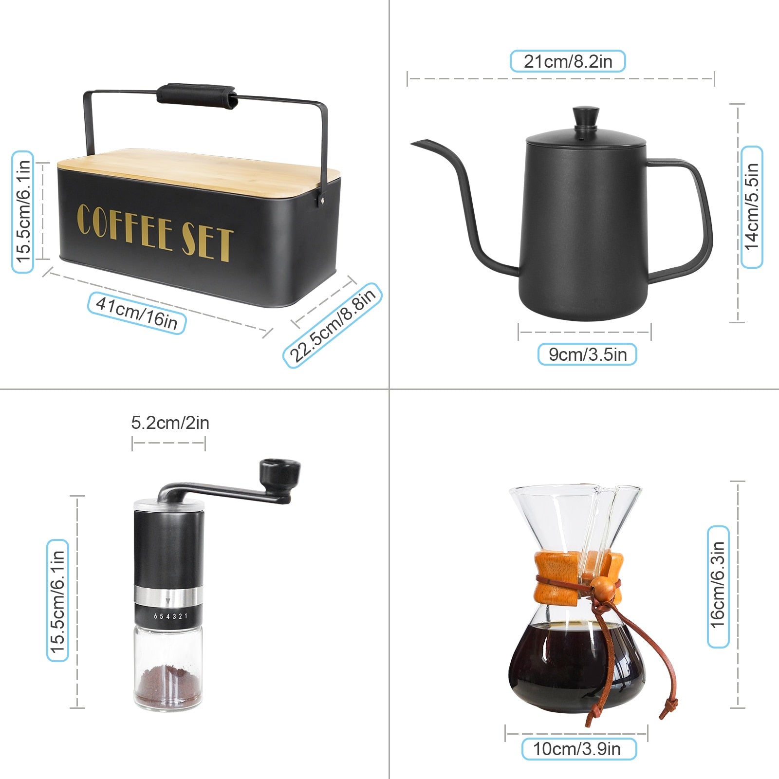 Barista V60 Kit: Chemex Style Coffee Brewer/ Gooseneck Kettle / Coffee Grinder